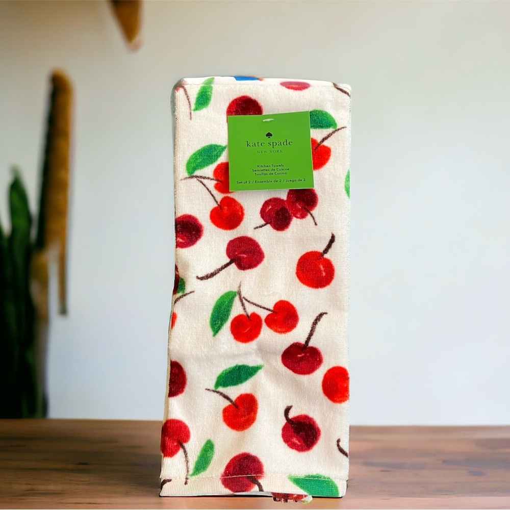 NEW Kate Spade New York Set 2 Kitchen Towels Pink With Cherry Design Soft Cotton